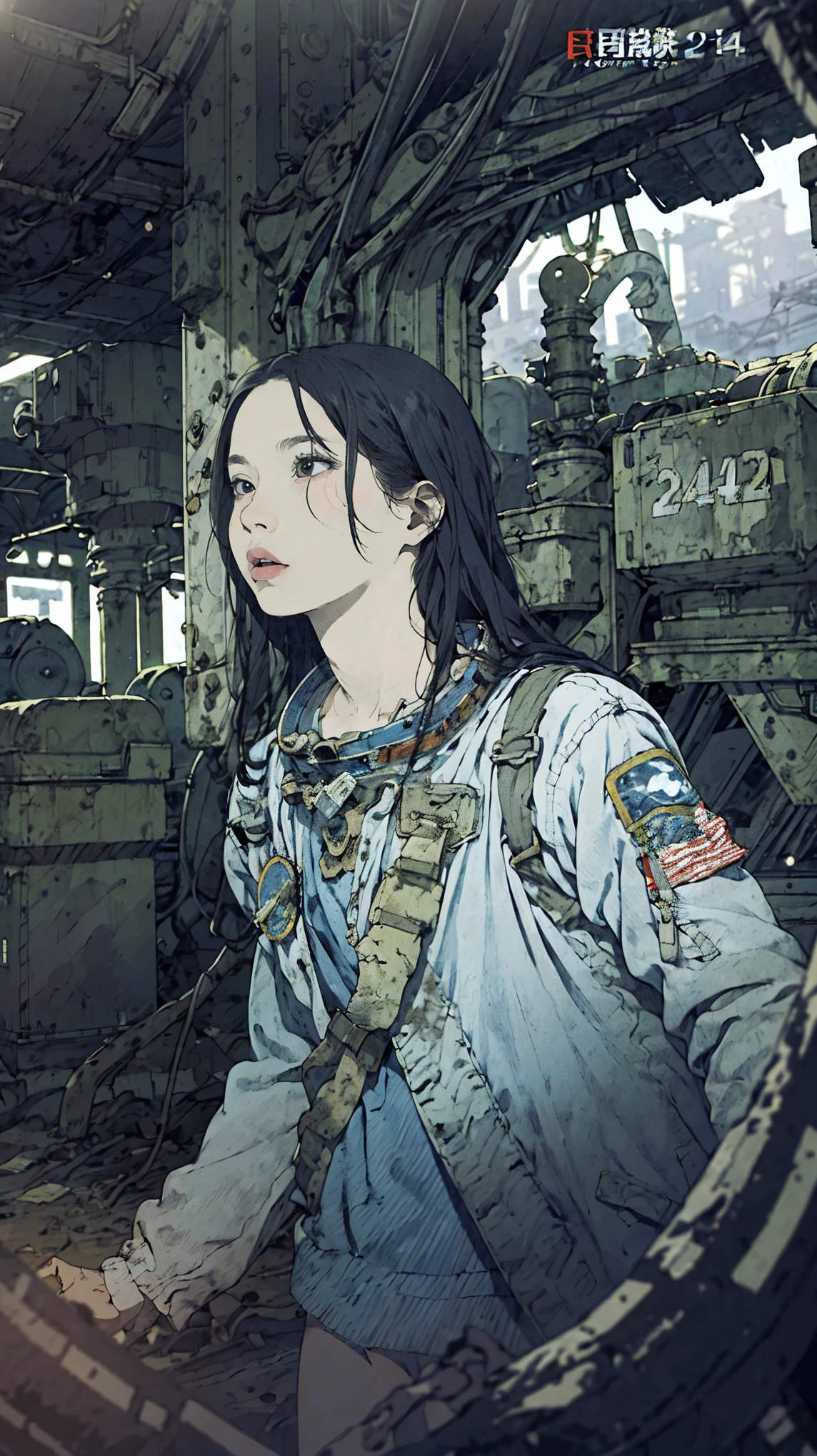 8k、Absurd、High resolution、Super detailed、masterpiece、Sharp Shadows、One personの女性、24-years-old、Abandoned Station、Astronaut Uniform、Monochrome、Intricate machinery、(Outdated machinery:1.3)、Upper Body、
(One person:1.2)、Moderate bust、Black Hair、Long Hair、masterpiece、