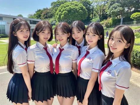 (a group of super cute korean schoolgirls take a commemorative photo with their backs turned to the camera while carrying red ba...