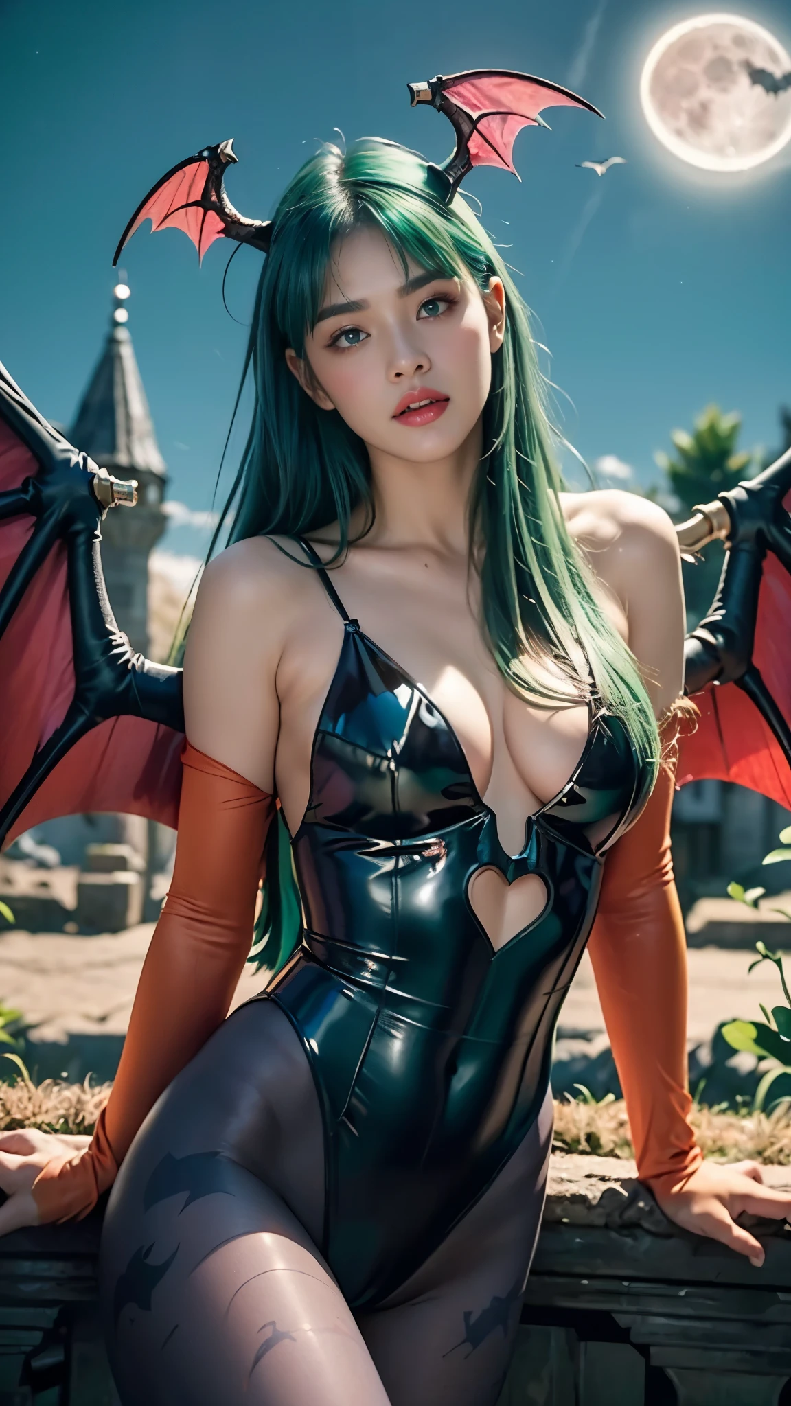 16K quality、Highest quality、It is high resolution.、Real photo、((Full body portrait))、((A seductive succubus getting licked))、(((darkness、Mysterious Moonlit Night、Western Castle:1.5)))、(((Straight long hair, light blue to light green:1.5)))、(((Green Eyes:1.2)))、(Clothing that emphasizes the front chest area、The upper body, including the chest, is largely exposed.)、(There is a hole in the shape of a heart under her chest, exposing her skin.)、((The lower half of the body is a super high-cut black leotard.、Purple tights with a bat pattern))、((Bat wings on head))、(Bat wings grow from his back)、(High heel half boots)、(Orange opera gloves)、(C cup breasts)、(Dynamic Pose)、(((Spreading her legs wide:1.2)))、((Embarrassed expression、blush))、Beautiful legs、(Big eyes、No makeup、Very beautiful and subtle makeup, Light makeup,)、Perfect body、Perfect hands、Perfect Fingers、Detailed and beautiful thin lips、A clear, beautiful face and well-proportioned eyes、Highly detailed eyes and face、Long eyelashes、double eyelid、A neat nose、Thin eyebrows、Border Light、Realistic Light、 Cute round face, Plump thighs、Accentuate your thighs、Hairstyle with bangs、Slender body、slim、Light-reflecting skin、Model body type、８Head to Body、Low - Angle、The light reflected in your eyes、Smaller face、Lip gloss、Looking away、Background blur、Movie lighting from the front、Light on face