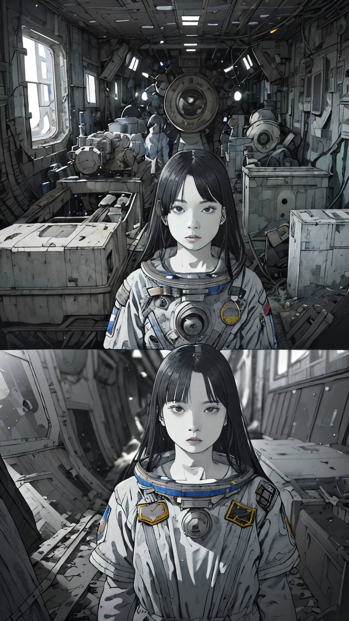 8k、High resolution、Super detailed、masterpiece、Sharp Shadows、One personの女性、24-years-old、Abandoned Space Station、Astronaut Uniform、Monochrome、Intricate machinery、(Outdated machinery:1.3)、Upper Body、 (One person:1.2)、Moderate bust、Black Hair、Long Hair、masterpiece、1970s。