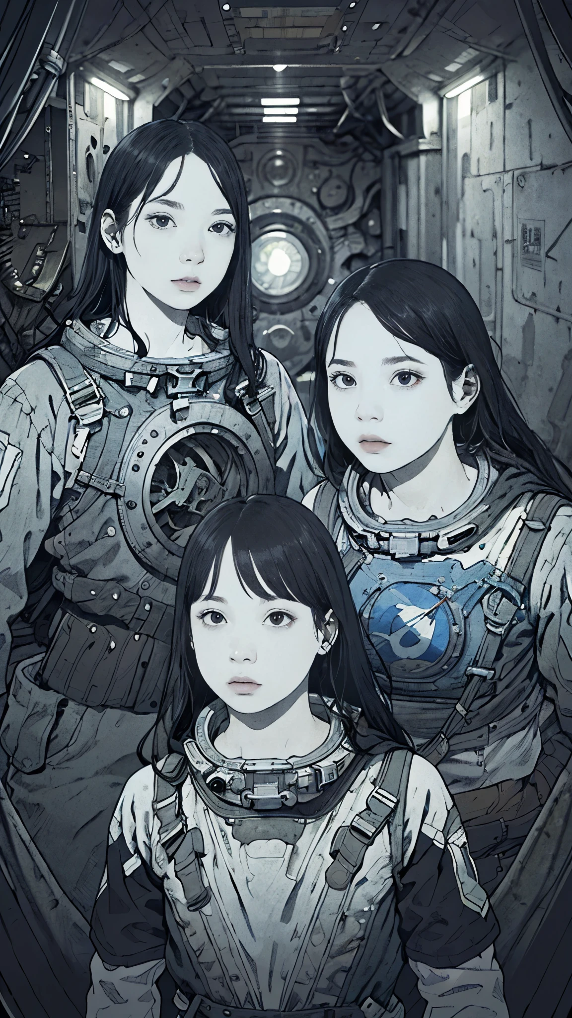 8k、High resolution、Super detailed、masterpiece、Sharp Shadows、One personの女性、24-years-old、Abandoned Spaceship、Astronaut Uniform、Monochrome、Intricate machinery、(Outdated machinery:1.3)、Upper Body、 (One person:1.2)、Moderate bust、Black Hair、Long Hair、masterpiece、1970s。