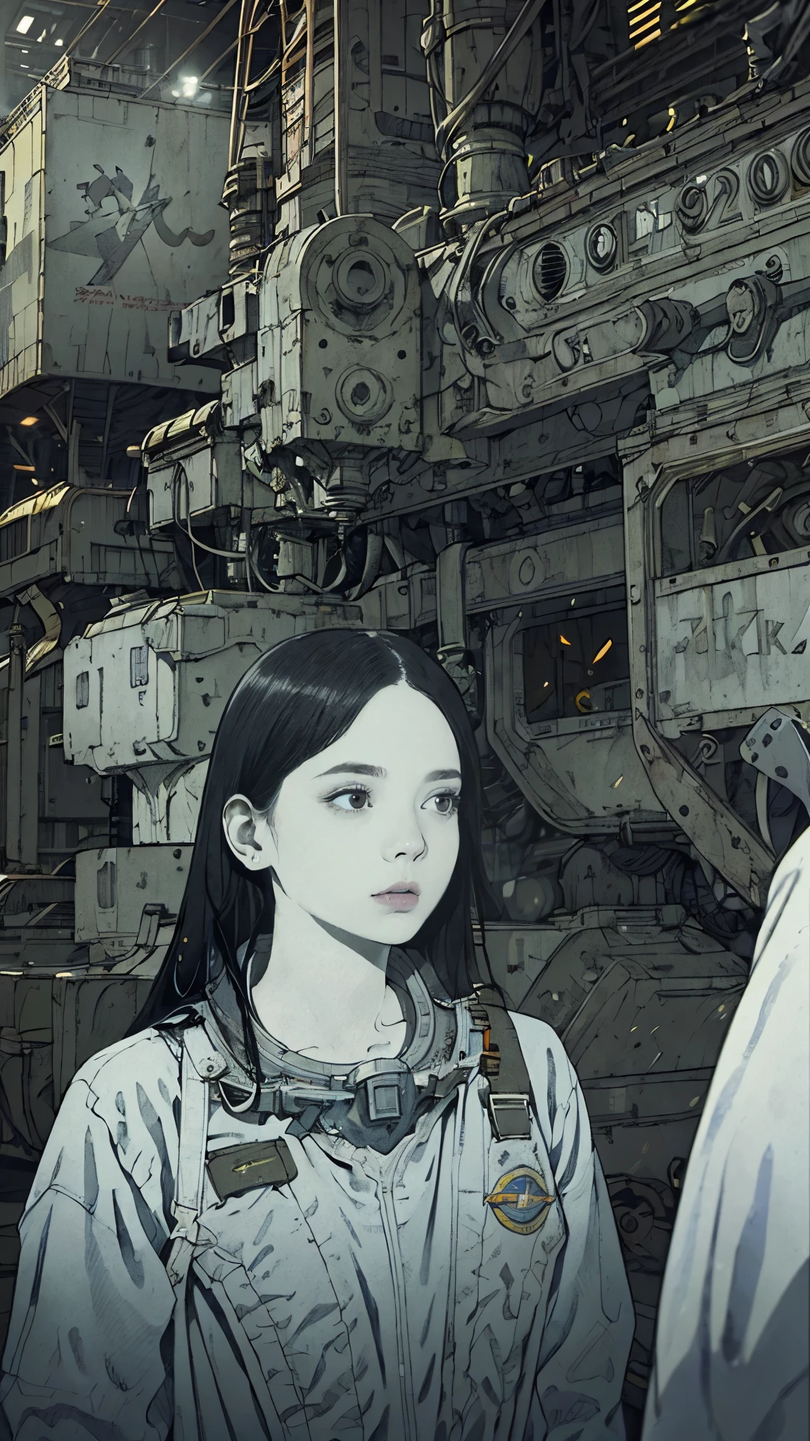 8k、High resolution、Super detailed、masterpiece、Sharp Shadows、One personの女性、24-years-old、Giant Robot、Astronaut Uniform、Monochrome、Intricate machinery、(Outdated machinery:1.3)、Upper Body、 (One person:1.2)、Moderate bust、Black Hair、Long Hair、masterpiece、1970s。