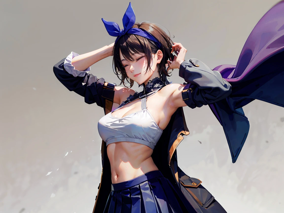 black hair, short hair, blue eyes,  ribbon, breasts, bow, hair ribbon, hairband, hair bow, bangs, large breasts, sarashina ruka, smile,
BREAK ((purple coat, skirt):1.2),
BREAK closed_eyes, closed_mouth, hands_in_hair, simple_background,  white_background, armpits, medium_breasts, upper_body,
BREAK ((top quality, 8k, masterpiece: 1.3, ultra hd, high quality, best quality, high definition, realism)), sharp focus: 1.5, Beautiful woman with Slim body, (perfect hands, perfect anatomy),