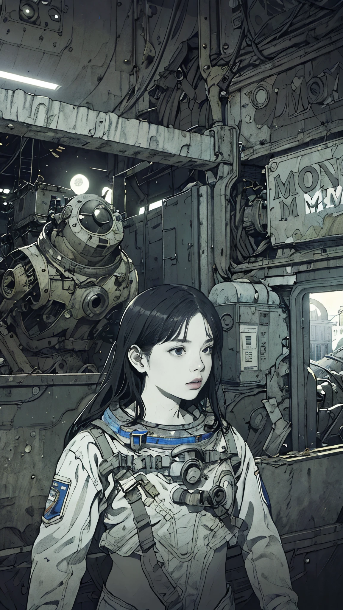 8k、High resolution、Super detailed、masterpiece、Sharp Shadows、One personの女性、24-years-old、Ruined Moon City、Astronaut Uniform、Monochrome、Intricate machinery、(Outdated machinery:1.3)、Upper Body、 (One person:1.2)、Moderate bust、Black Hair、Long Hair、masterpiece、1970s。