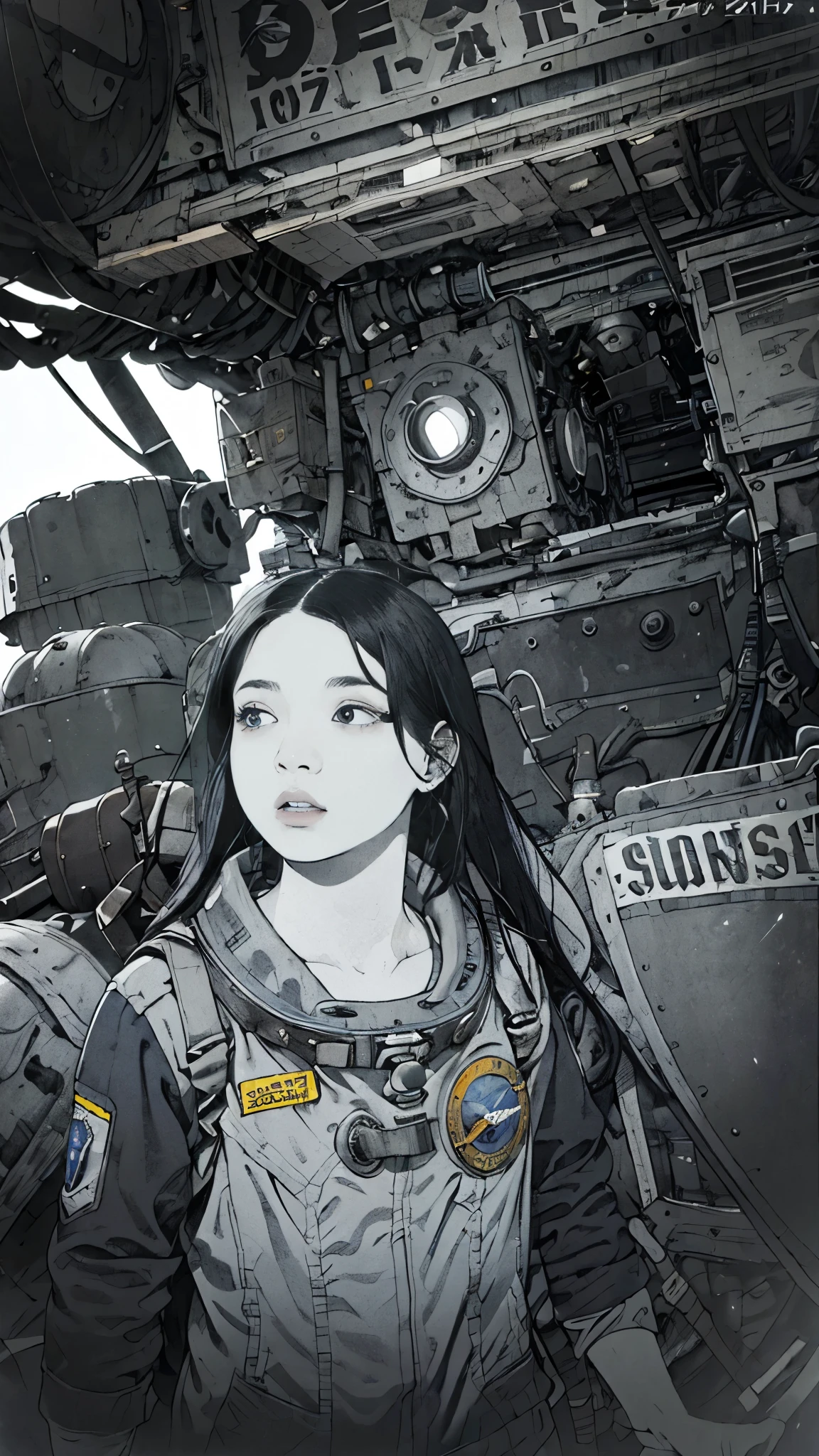 8k、High resolution、Super detailed、masterpiece、Sharp Shadows、One personの女性、24-years-old、Rocket cockpit、Astronaut Uniform、Monochrome、Intricate machinery、(Outdated machinery:1.3)、Upper Body、 (One person:1.2)、Moderate bust、Black Hair、Long Hair、masterpiece、1970s。