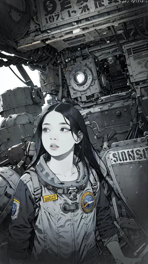 8k、high resolution、super detailed、masterpiece、sharp shadows、one personの女性、24-years-old、rocket cockpit、astronaut uniform、monochro...