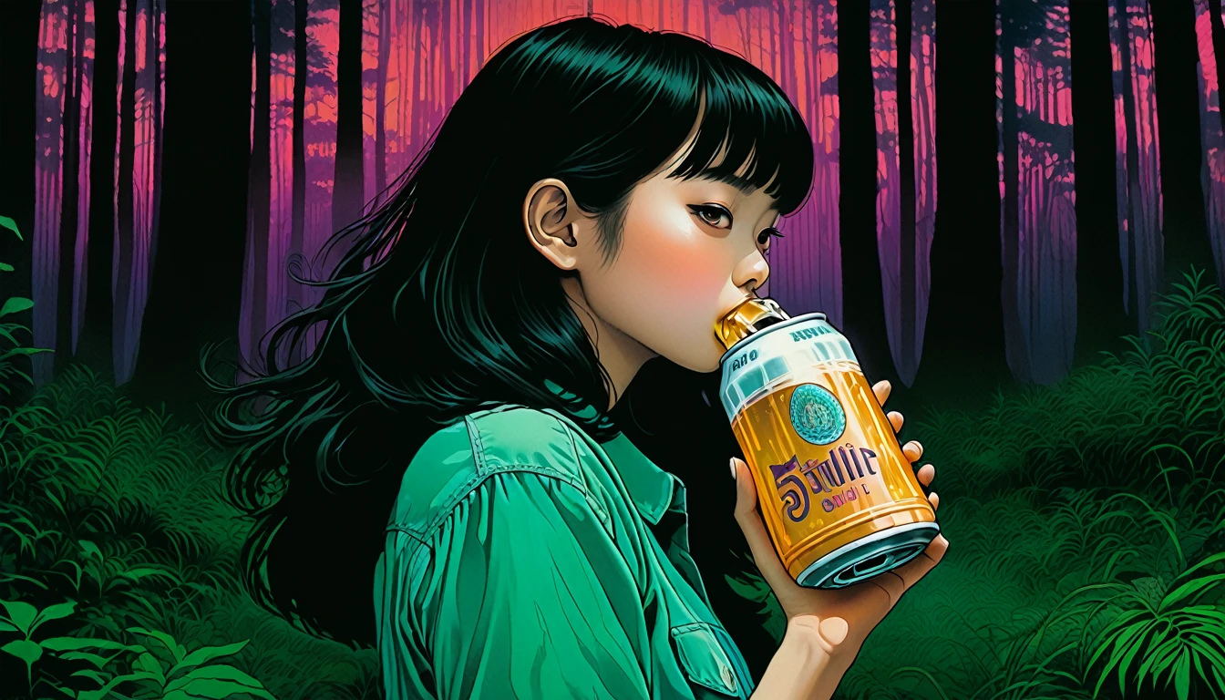 An illustration、art、80s Thai horror movie poster, Supervised by Junji Ito、(forest:1.2)、expensive 、Attention to detail, Realistic Shadows、Analog Style, chromatic aberration, Surrealism、Complementary Gradient、Girl drinking beer