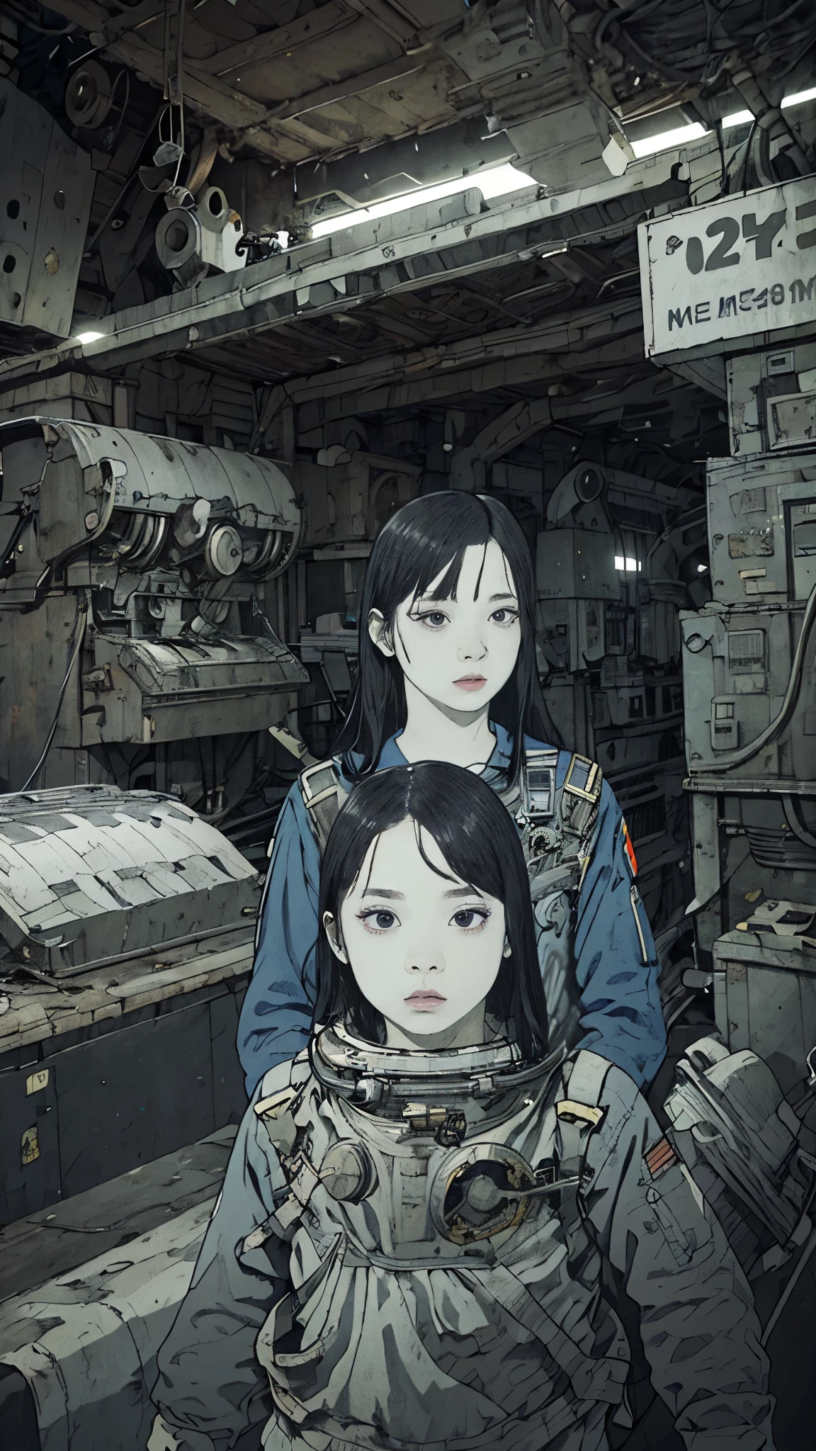 8k、High resolution、Super detailed、masterpiece、Sharp Shadows、One personの女性、24-years-old、Immersed in culture solution、Astronaut Uniform、Monochrome、Intricate machinery、(Outdated machinery:1.3)、Upper Body、 (One person:1.2)、Moderate bust、Black Hair、Long Hair、masterpiece、1970s。