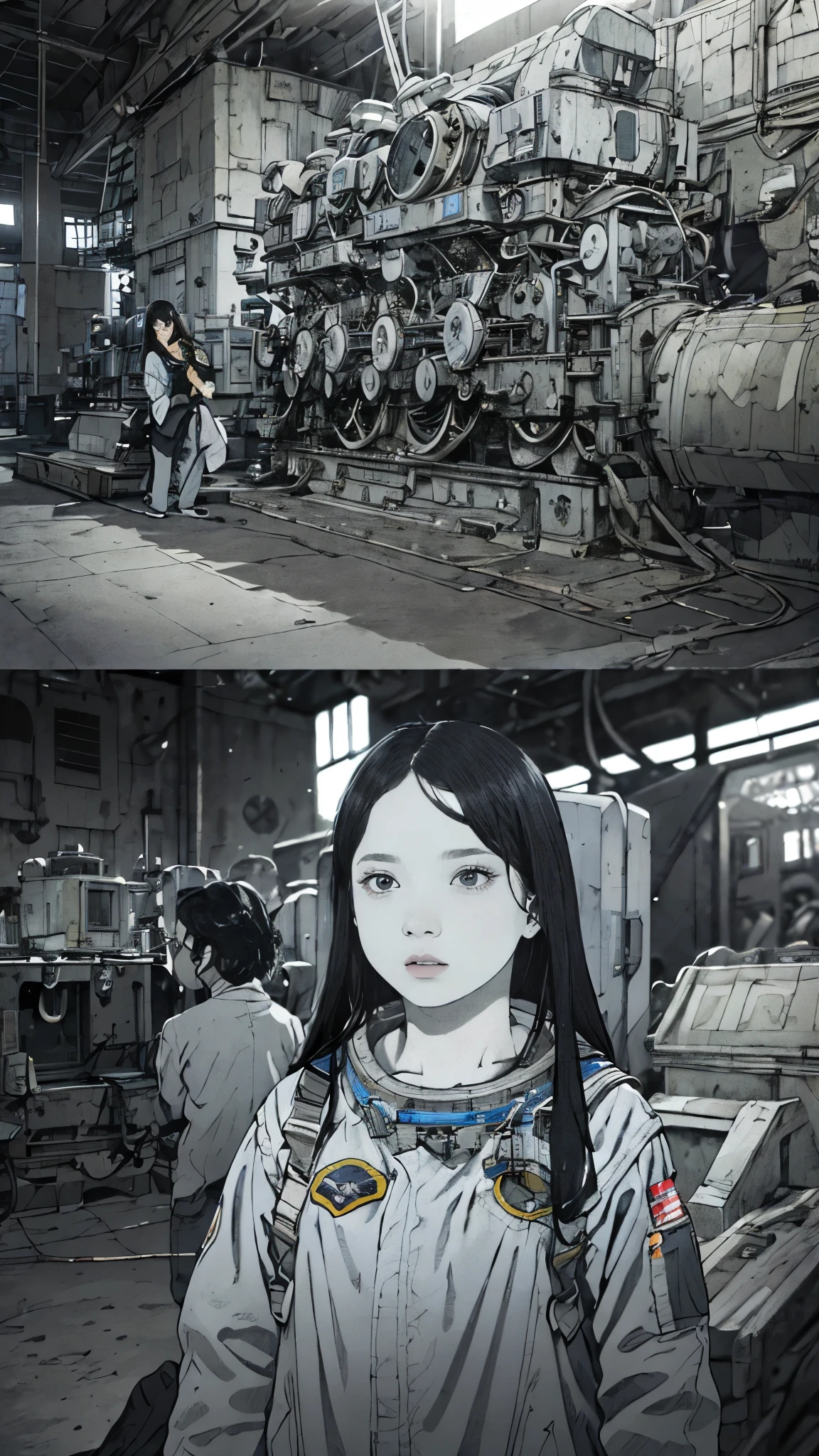 8k、High resolution、Super detailed、masterpiece、Sharp Shadows、One personの女性、24-years-old、Immersed in culture solution、Astronaut Uniform、Monochrome、Intricate machinery、(Outdated machinery:1.3)、Upper Body、 (One person:1.2)、Moderate bust、Black Hair、Long Hair、masterpiece、1970s。