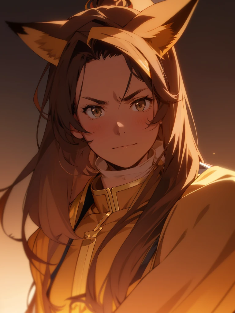 Handsome man , tall, lean ,((muscular body:1.1)) , ((has facial stubble:1.1)) , ((brown hair:1.1)) , ((long hair:1.3)) , golden eyes , masculine  ,((male:1.2)),age 32,   ((fox ears,fox ears on head:1.2)), hair in a ponytail, 
