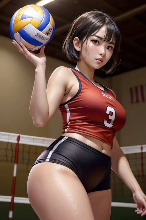 (masterpiece:1.2,Highest quality,Ultra-high resolution,Very detailed:1.2),((Volleyball Player))，(Photorealistic Stick:1.5),(RAW Photos:1.5),Elaborate photos,8k,((Sweaty 1.5)),Cinema Lighting,(Plump thighs),(Sophisticated lighting:1.2),((Shiny skin 1.4)),(1 female),(Young Japanese Woman),(Oblique angle:1.4),(Short Bob:1.4),(Before a volleyball match),(Red Sleeveless Pichi Pichi 1.2),(Black shorts),(Thick thighs 1.2),(Beautiful Face,Detailed face,,Beautiful Eyes,Beautiful Eyes,Beautiful Skin,Skin Texture:1.3),(sexy),(Beautiful),(Idol Face),(Japanese_Sweaty),(Holding a volleyball:1.6),(Gymnasium background:1.5),（Volleyball court）