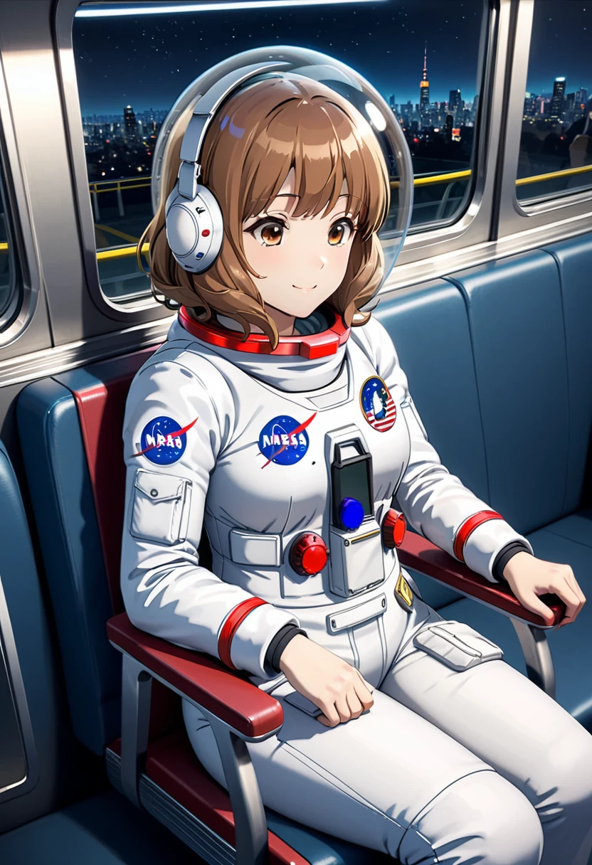 space helmet, (cinematic scene, sitting on a chair, train interior, , city view, night view: 1.5), space helmet, eva helmet, space suit, astronaut), smile bubble helmet, very detailed, speed helmet, bubble helmet, ,upper body, astronaut),eva helm, spacesuit , astronaut),girl, wearing a (spacesuit:1.15), white cargo pants, mask, kumiko oumae, (brown eyes:1.5), brown hair, short hair, wavy hair, from above