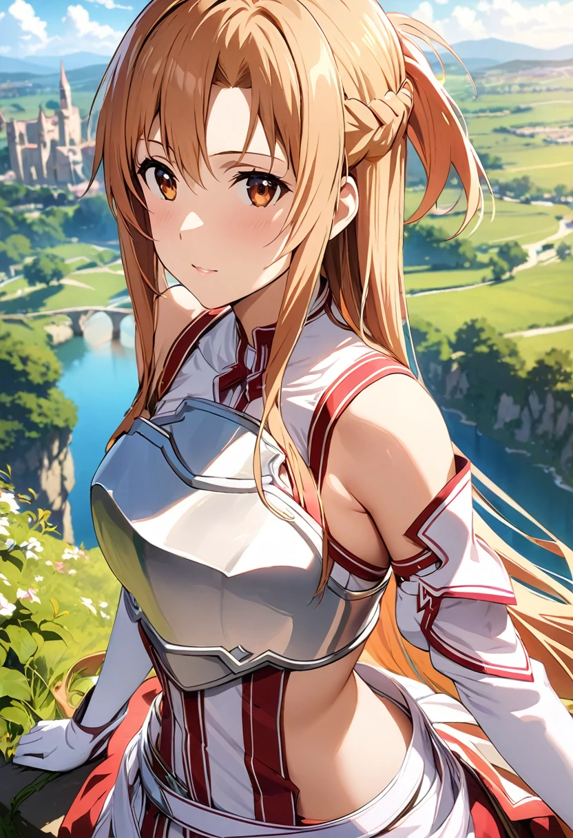 ((obra maestra)), de la máxima calidad, Muy detallado,(Una chica),Yuki Asuna、Asuna (Stacia), Ojos cafés, hombros descubiertos, coraza, armadura, mangas separadas, guantes, white guantes, vestido, (red and white vestido), pelo largo, hermoso fondo ,Ropa, pecho,