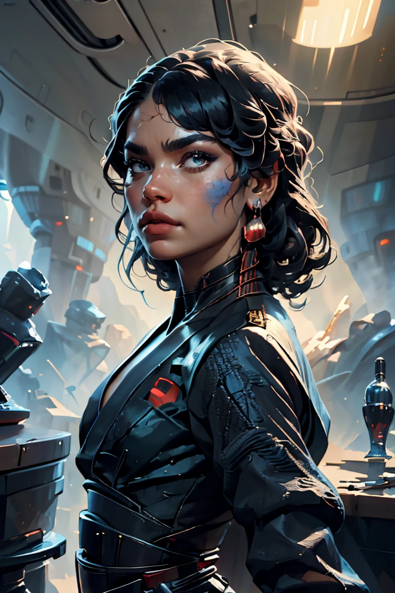 a Star Wars sith lord based on Zendaya, highly detailed cinematic sci-fi illustration, black outlining, full color illustration, in the style of BORIS VALLEJO & JULIE BELL, masterpiece, 8k, ultra-detailed, physically-based rendering, vivid colors, dramatic lighting, intricate background, photorealistic