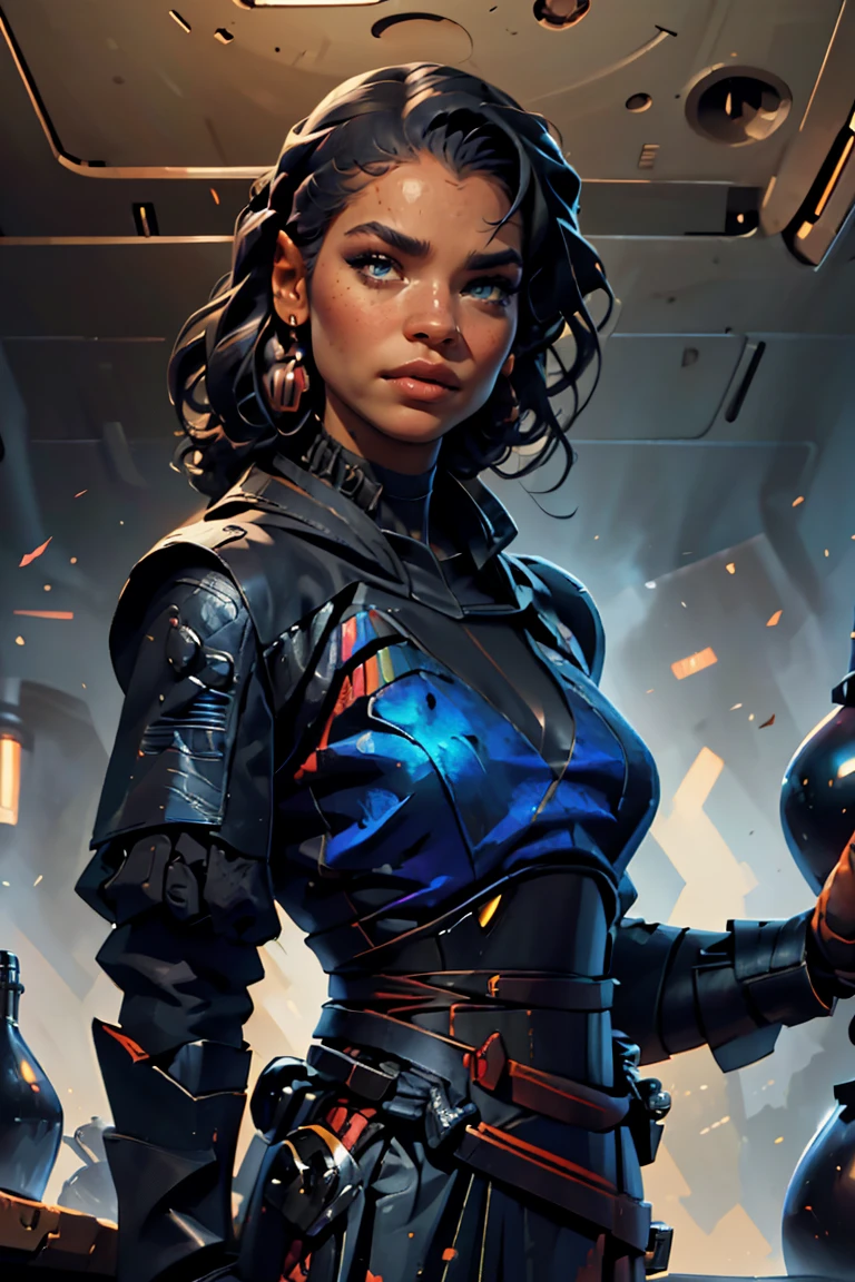 a Star Wars sith lord based on Zendaya, highly detailed cinematic sci-fi illustration, black outlining, full color illustration, in the style of BORIS VALLEJO & JULIE BELL, masterpiece, 8k, ultra-detailed, physically-based rendering, vivid colors, dramatic lighting, intricate background, photorealistic