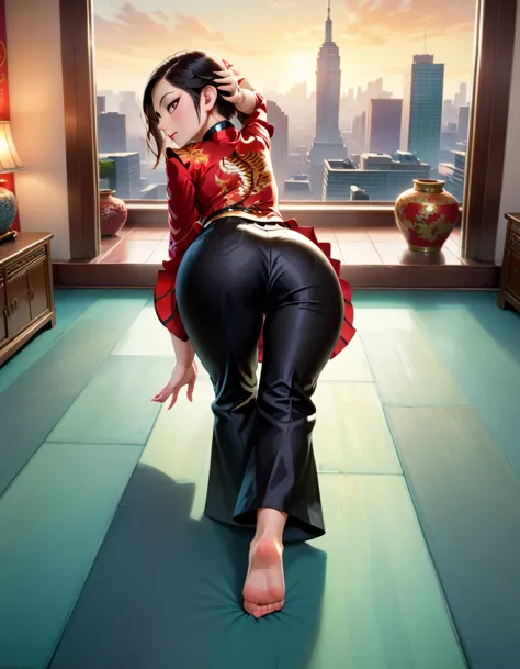 1girl, master tigress, solo, tail, looking back at viewer, red qipao, black silk pants , living room, window, point of view from...