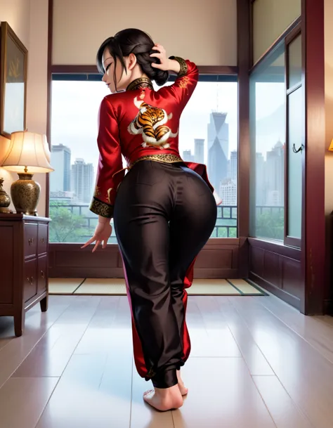 1girl, master tigress, solo, tail, looking back at viewer, red qipao, black silk pants , living room, window, point of view from...