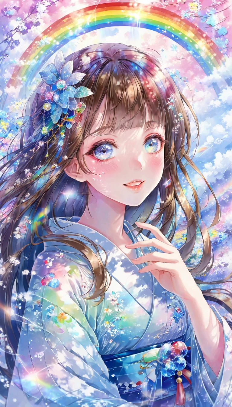 A fusion of watercolor and oil painting, Psychedelic world, Commemorative photo, Japanese Kimono,beautiful girl、Lolita、15-year-old girl, 1 cute girl、(Look forward), (Looking at this), (Very delicate and beautiful face)、(Beautiful eyes in every detail)、((((Heterochromia Iridum - Red and Blue Eye Color))))、Through the bangs,Brown Hair,Long Hair ,Beautiful attention to detail, Beautiful lip detail, Highly detailed face, Attractive eyes, Long eyelashes, smile, Open your mouth a little, One Girl, Digital Art, pastel colour, ((Use the rainbow as your main color)),Vibrant colors,fantasy art pieces,dream-like,Mythical fantasy with rainbow accents,Fairytale Fantasy, (((Translucent rainbow))),Subtle iridescent details,Gives off an aura of magic,Exquisite detail,Character clothing should be designed in kimono, Heavenly, Soft lighting, Cinematic, romantic, baby doll、Framing above the chest、Colorful gel background、Fractal Floral Background、Sparkling、Perfect lighting、Sharp focus、High resolution、High resolution、High color rendering、High resolution