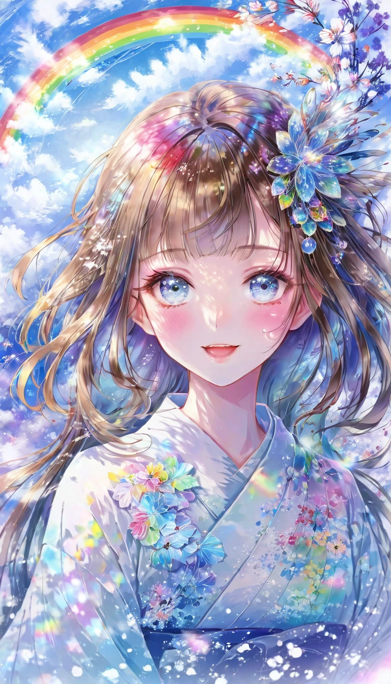 A fusion of watercolor and oil painting, Psychedelic world, Commemorative photo, Japanese Kimono,beautiful girl、Lolita、15-year-old girl, 1 cute girl、(Look forward), (Looking at this), (Very delicate and beautiful face)、(Beautiful eyes in every detail)、((((Heterochromia Iridum - Red and Blue Eye Color))))、Through the bangs,Brown Hair,Long Hair ,Beautiful attention to detail, Beautiful lip detail, Highly detailed face, Attractive eyes, Long eyelashes, smile, Open your mouth a little, One Girl, Digital Art, pastel colour, ((Use the rainbow as your main color)),Vibrant colors,fantasy art pieces,dream-like,Mythical fantasy with rainbow accents,Fairytale Fantasy, (((Translucent rainbow))),Subtle iridescent details,Gives off an aura of magic,Exquisite detail,Character clothing should be designed in kimono, Heavenly, Soft lighting, Cinematic, romantic, baby doll、Framing above the chest、Colorful gel background、Fractal Floral Background、Sparkling、Perfect lighting、Sharp focus、High resolution、High resolution、High color rendering、High resolution