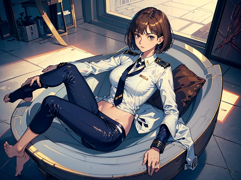 masterpiece,(Perfect Anatomy:1.5), highest quality, a lady , slender, leggy, Seductive, short hair, brown hair, (wear a white long sleeved shirt, tie, navy officer jacket:1.5), white bikini panties , barefoot, Perfect hands, Perfect body, reclining, lying on a sofa, leg up , shirt lift, looking away, ((Exquisite detail)), Very finely crafted fingers(((10 fingers))), (full body showcase), (Show your whole body), (no background), (No logo) , high resolution, parted lips