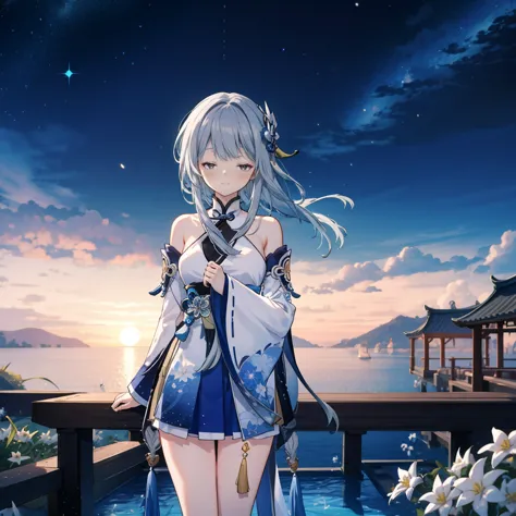 masterpiece,best quality,4k,1girl,[((solo)),closed eyes, guizhong_\(genshin_impact\),(grey hair),short_hair_with_long_locks in f...