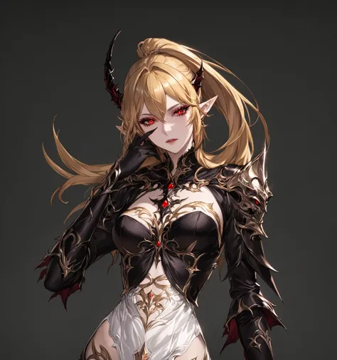 masterpiece, best quality, good quality, highly detailed, shadowverse style, female, elf, golden hair, red eyes, demonic, adult,...