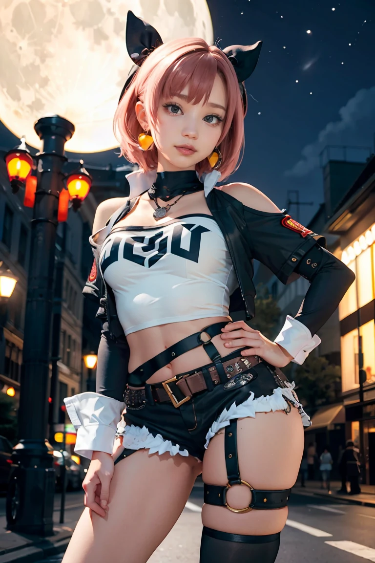 masterpiece, best quality, ultra-detailed, extremely detailed,illustration, 1girl, nicole demara, hair ribbon, hairclip, earrings, black collar, tube top, single thighhigh, short shorts, cropped jacket, belt, thigh strap, detached sleeves, doll, standing, hand on hip, cowboy shot, night street, moon 