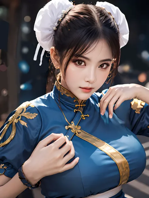 highest quality, 8k, ultra-detailed, photorealistic, beautiful face, one girl、solo、chunli、upper body、beautiful night city backgr...