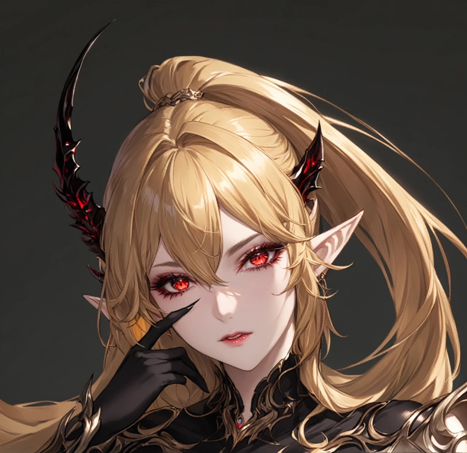 masterpiece, best quality, good quality, Highly detailed, shadowverse style, female, elf, golden hair, red eyes, demonic, adult, black eyeshadow