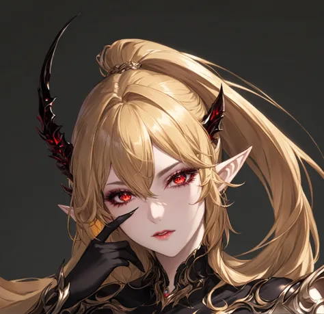 masterpiece, best quality, good quality, highly detailed, shadowverse style, female, elf, golden hair, red eyes, demonic, adult,...