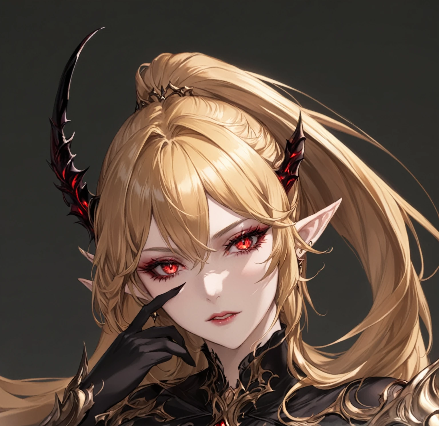 masterpiece, best quality, good quality, Highly detailed, shadowverse style, female, elf, golden hair, red eyes, demonic, adult, black eyeshadow