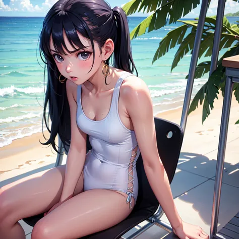 masterpiece, best quality, earrings, white one piece, black hair, small breasts, girl, upper body, hot, sweating, sitting on cha...