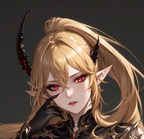 masterpiece, best quality, good quality, highly detailed, shadowverse style, female, elf, golden hair, red eyes, demonic, adult,...