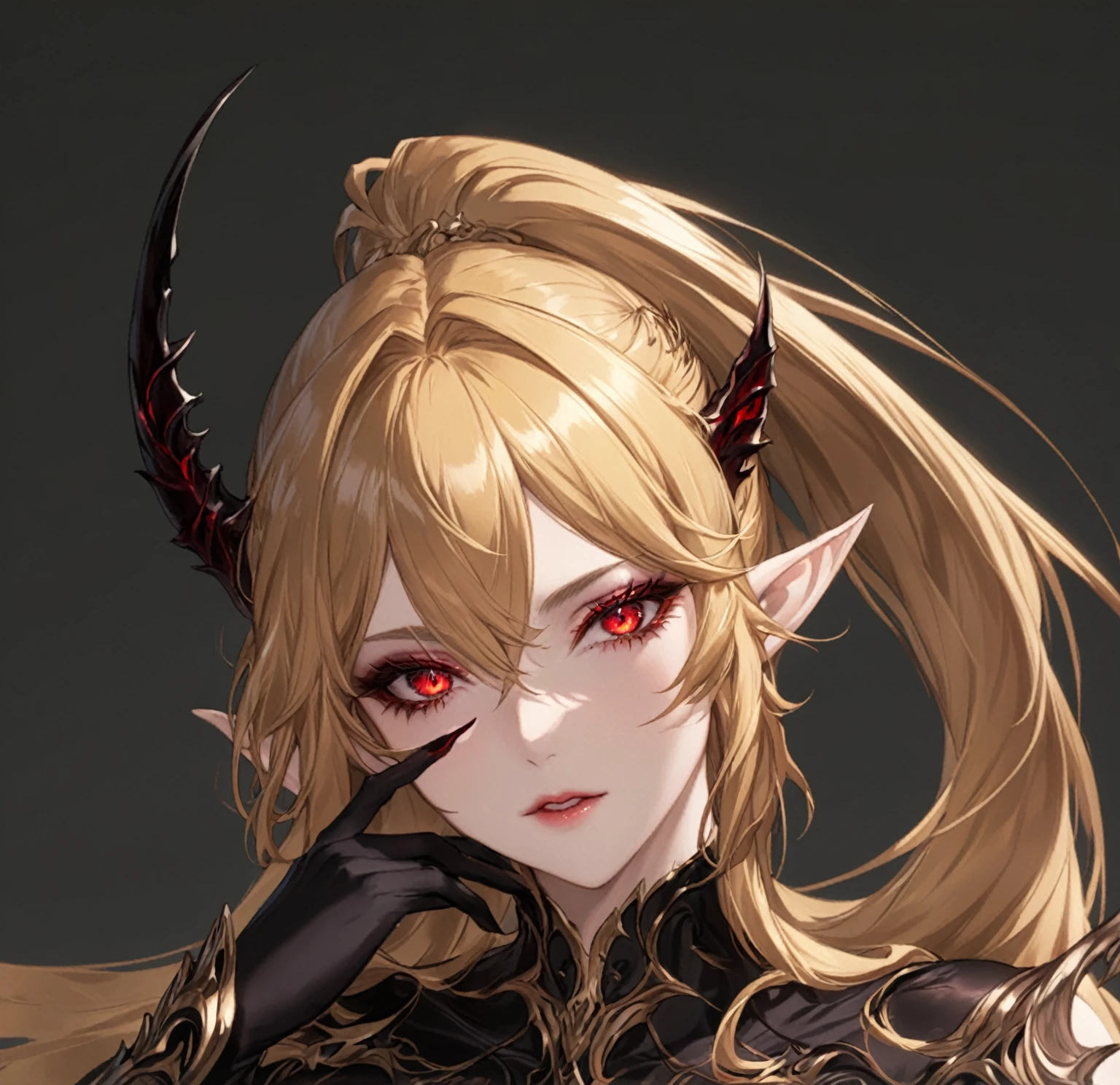 masterpiece, best quality, good quality, Highly detailed, shadowverse style, female, elf, golden hair, red eyes, demonic, adult, black eyeshadow