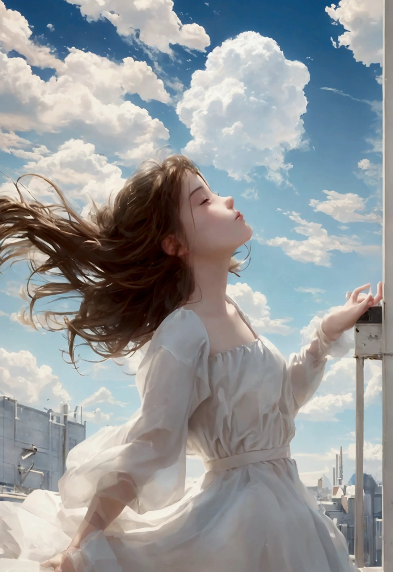 masterpiece, Best Quality, still film, 1 girl, floating in the sky, cloud girl, cloud, (close up:1.1), bright, happy, funny, Soft lighting, (bauhaus, Shapes, lines, abstract:1.1)