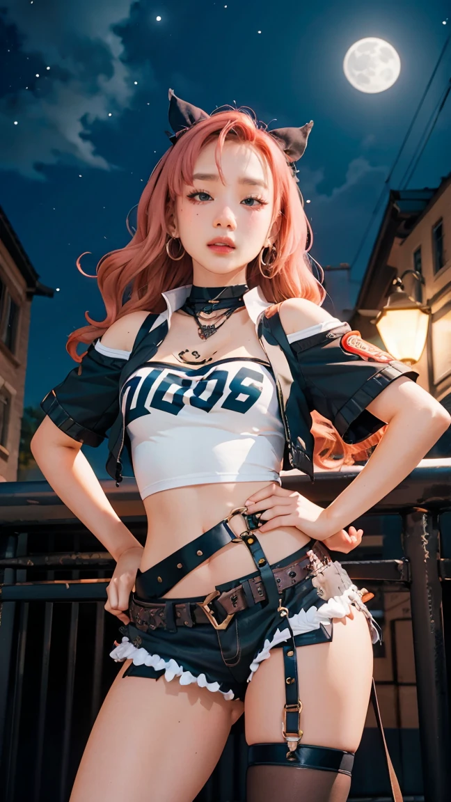 masterpiece, best quality, ultra-detailed, extremely detailed,illustration, 1girl, nicole demara, hair ribbon, hairclip, earrings, black collar, tube top, single thighhigh, short shorts, cropped jacket, belt, thigh strap, detached sleeves, doll, standing, hand on hip, cowboy shot, night street, moon 