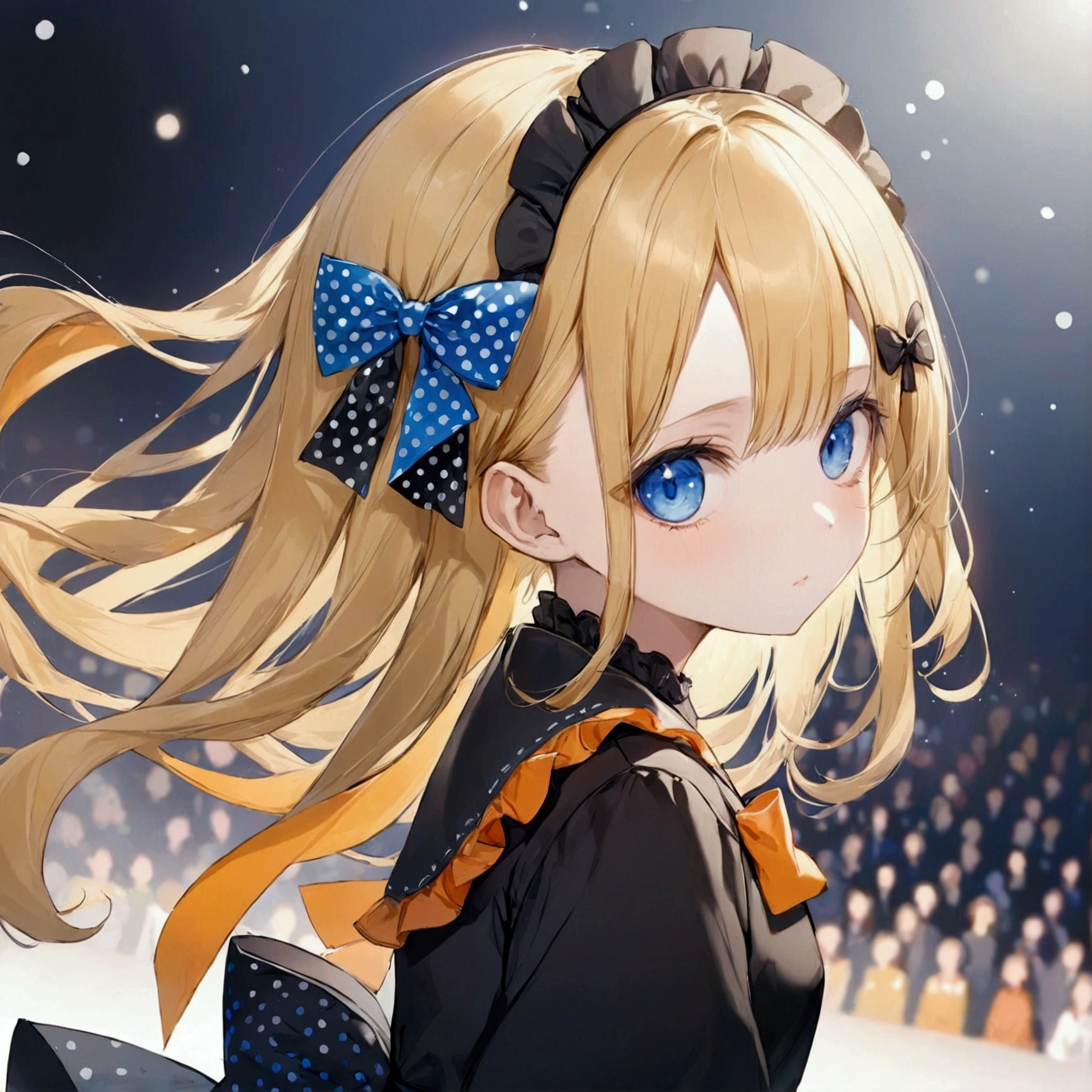 Fraction_9, Fraction_8_Direction_7_direction_6_up, 1 girl, solitary, Abigail Williams \(destiny\), bow, Blonde Hair, hair bow, black bow, blue eyes, shihakugan eyes, polka dot, Long hair, polka dot bow, Looking at the audience, have, parted Bangs, detailed complex background, Shut up, orange bow, Black headdress, Bangs, portrait, forehead, symbol, black skirt, multiple hair bows, skirt