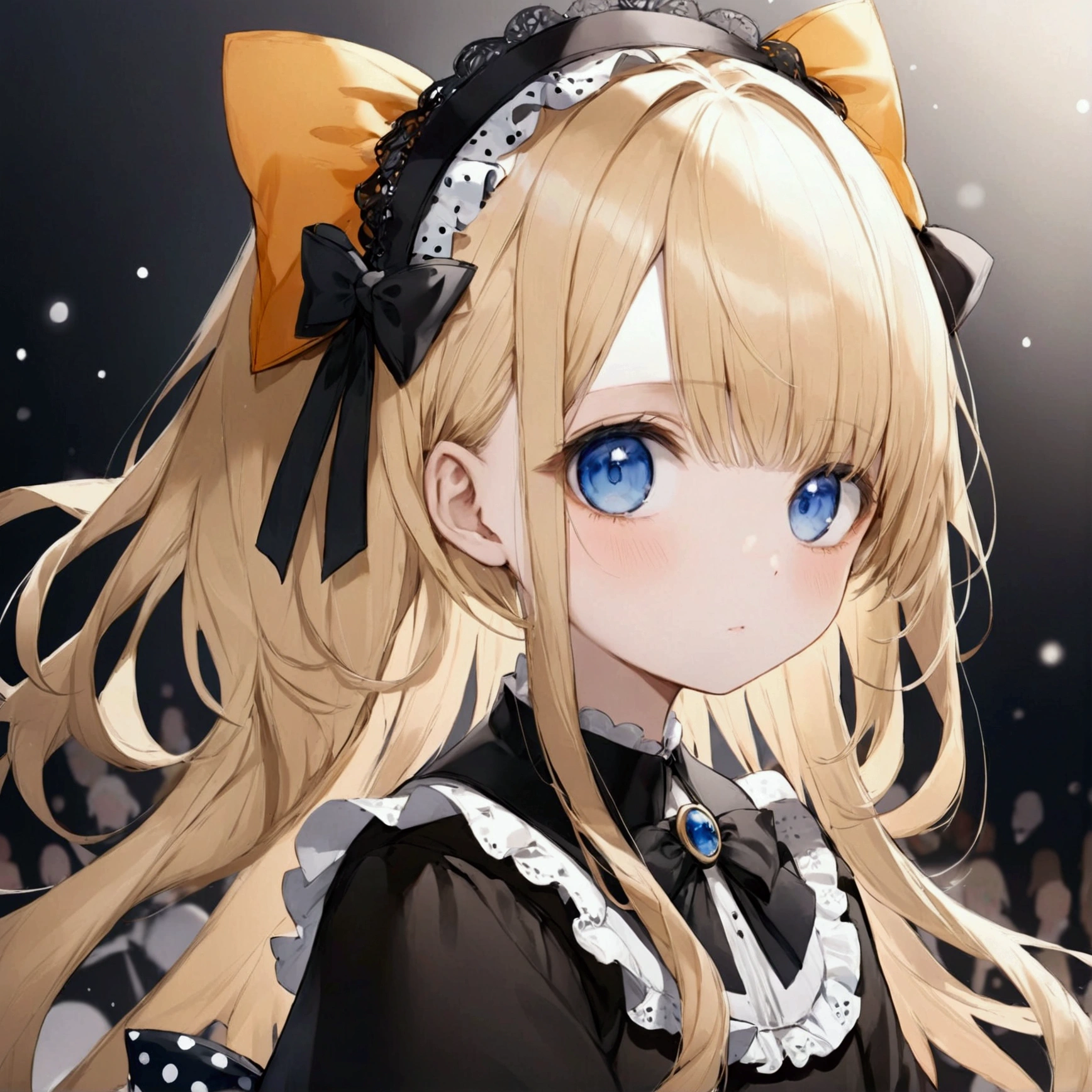 Fraction_9, Fraction_8_Direction_7_direction_6_up, 1 girl, solitary, Abigail Williams \(destiny\), bow, Blonde Hair, hair bow, black bow, blue eyes, shihakugan eyes, polka dot, Long hair, polka dot bow, Looking at the audience, have, parted Bangs, detailed complex background, Shut up, orange bow, Black headdress, Bangs, portrait, forehead, symbol, black skirt, multiple hair bows, skirt