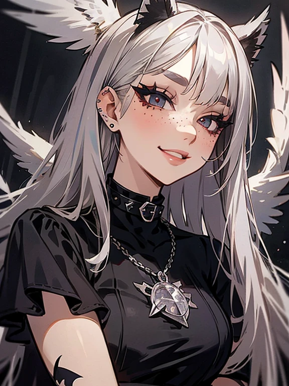 1 Girl, Eagle, White hair, Straight Hair, freckle, Devil's Point, Gothic dress, Dog Collar, Eyeliner, mascara, Eyeshadow, smoky eyes, Nose Ring, Smile, teeth, bedroom, Eagle_Face, nose septum piercing