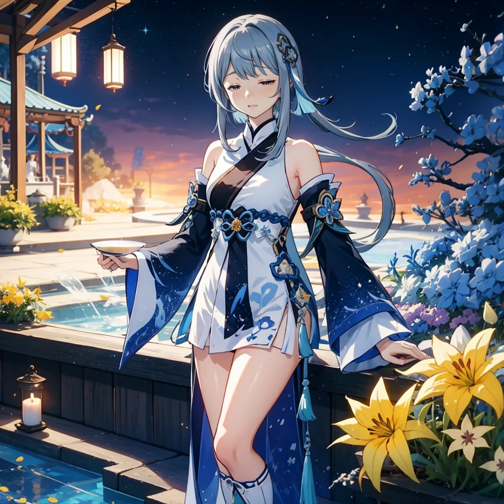 Masterpiece,best quality,4k,1girl,[((solo)),closed eyes, guizhong_\(genshin_impact\),(grey hair),short_hair_with_long_locks in front and low ponytail in back,gradient_hair,starry_sky_print,detached_sleeves white outside blue starry inside, hands completely hidden by long sleeves,stunning field of softly glowing cerulean and white glaze lilies,night scene,gentle smile
BREAK 
guizhong_genshin is a serene and mysterious woman, dressed in fluid clothes that seem to merge with the stardust around them. She is standing on a raised platform over the shimmering pool, with eyes closed in meditation,alone. Short skirt