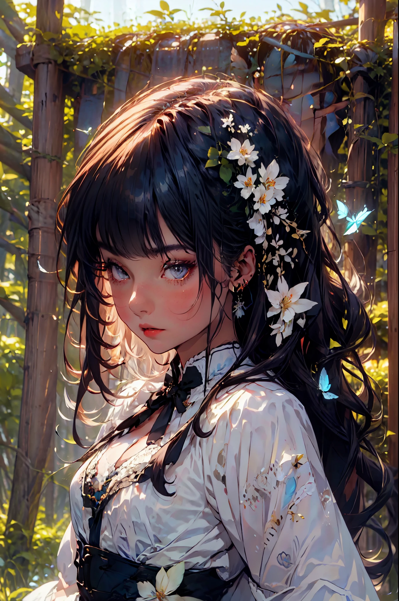 Create an illustration of a young woman standing in a mystical forest during twilight. The woman has long, wavy auburn hair that catches the soft, glowing light of surrounding fireflies. Her hair is adorned with a delicate blue ribbon and a braid intertwined within it. She wears a flowing white dress with blue floral patterns, which gently sways with the evening breeze.The forest around her is lush and verdant, with tall trees and dense foliage, creating a serene and enchanting atmosphere. Small blue butterflies and ethereal fireflies illuminate the scene with their soft, luminescent glow. The background hints at the deep woods, with shadows playing around, adding depth and a sense of mystery.The woman's expression is serene, and she seems lost in thought, her profile highlighted by the gentle, magical light. The overall mood of the illustration is one of peaceful contemplation and otherworldly beauty.