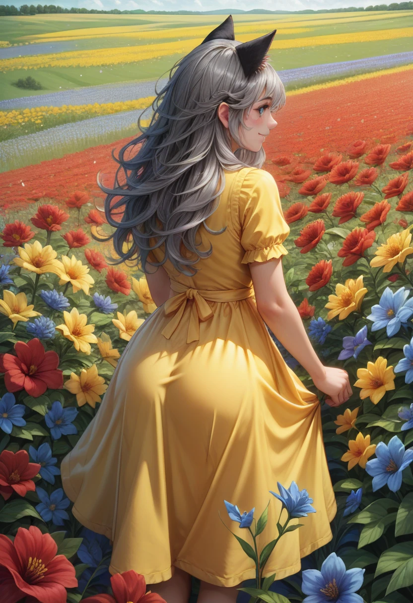 score_9, score_8_superior, score_7_superior, score_6_superior, detailed, Gray Hair, Long Hair, Messy Hair, ribbon, Outdoor, Cat ears, blue eyes, yellow sundress, Flowers, colorful Flowers, red Flowers, blue Flowers, Field, From behind, Recall, smile, blush