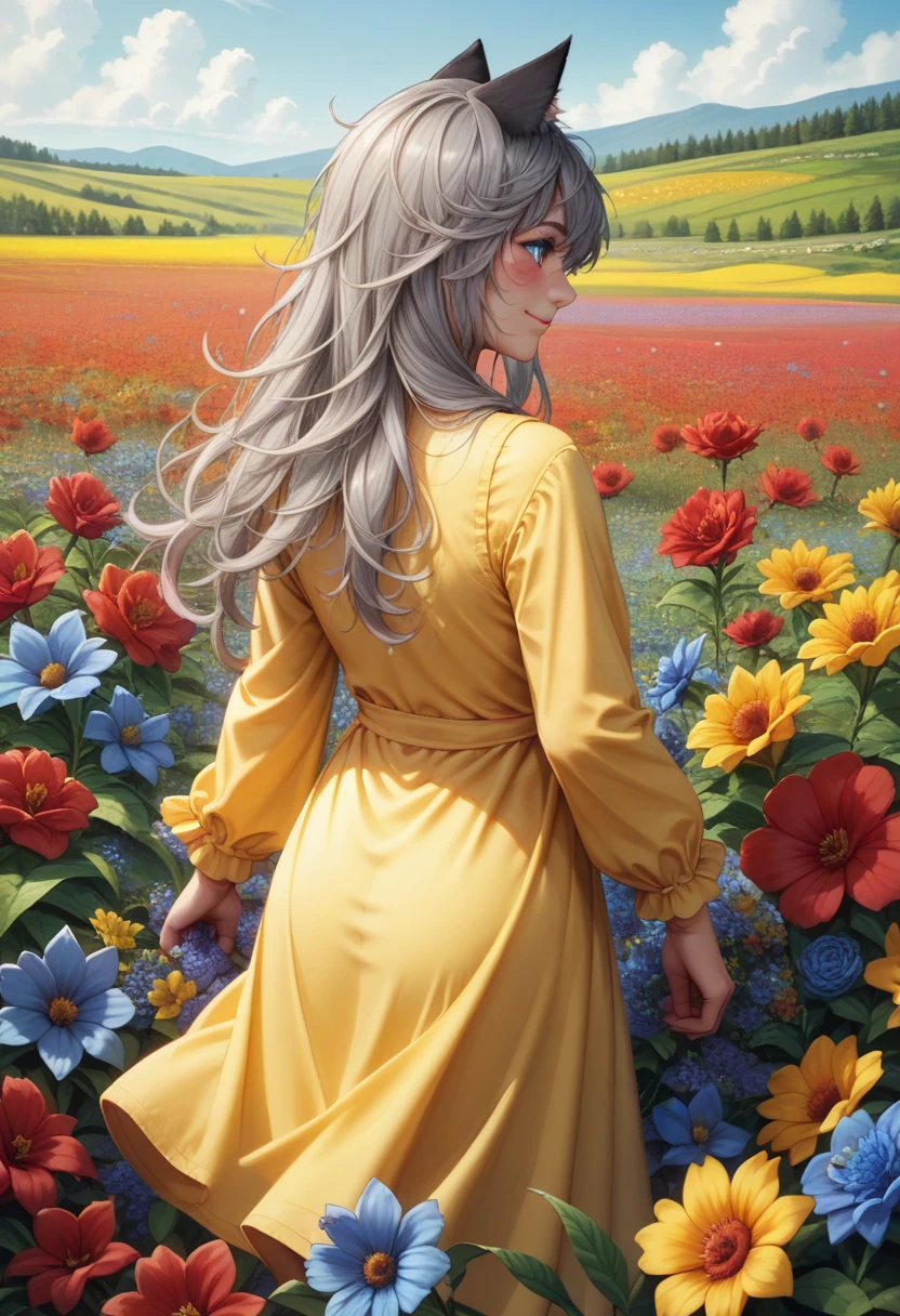 score_9, score_8_superior, score_7_superior, score_6_superior, detailed, Gray Hair, Long Hair, Messy Hair, ribbon, Outdoor, Cat ears, blue eyes, yellow sundress, Flowers, colorful Flowers, red Flowers, blue Flowers, Field, From behind, Recall, smile, blush