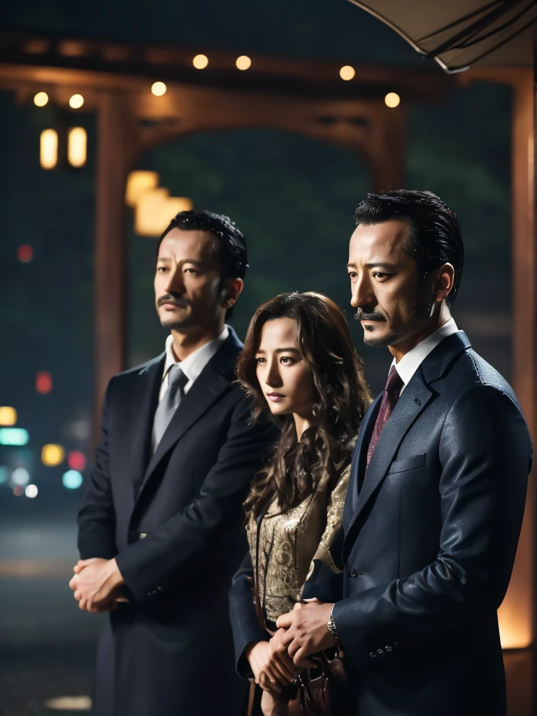 50 years old，Hidetoshi Nakata ，（Kogoro Mouri 1.3), man clasped hand with  daughter (beautiful girl), tong, mustache, little beard, one man and one girl only, sad moment, heartbroken, crying, walking on rain, rain background, meet again, farewell, cinematic picture, photograph, super details, wallpaper picture, fantastic, masterpiece, 4k hd, 8k hd