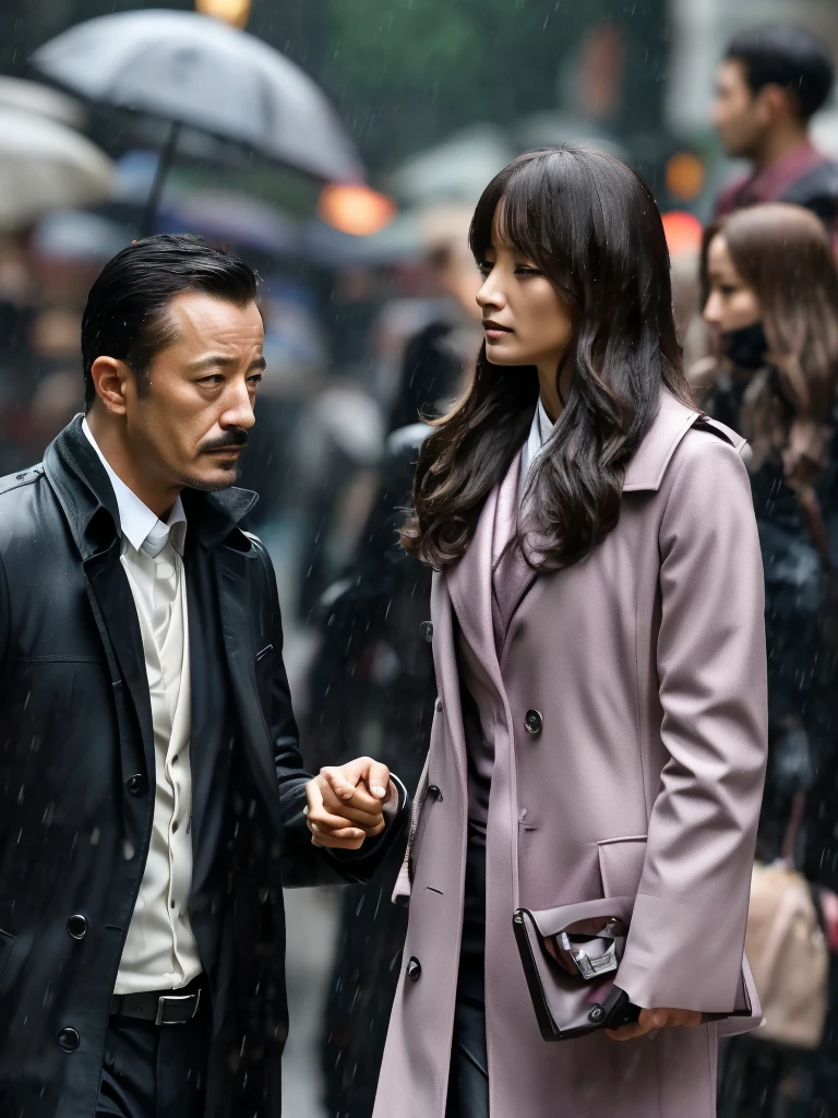 50 years old，Hidetoshi Nakata ，（Kogoro Mouri 1.3), man clasped hand with  daughter (beautiful girl), tong, mustache, little beard, one man and one girl only, sad moment, heartbroken, crying, walking on rain, rain background, meet again, farewell, cinematic picture, photograph, super details, wallpaper picture, fantastic, masterpiece, 4k hd, 8k hd