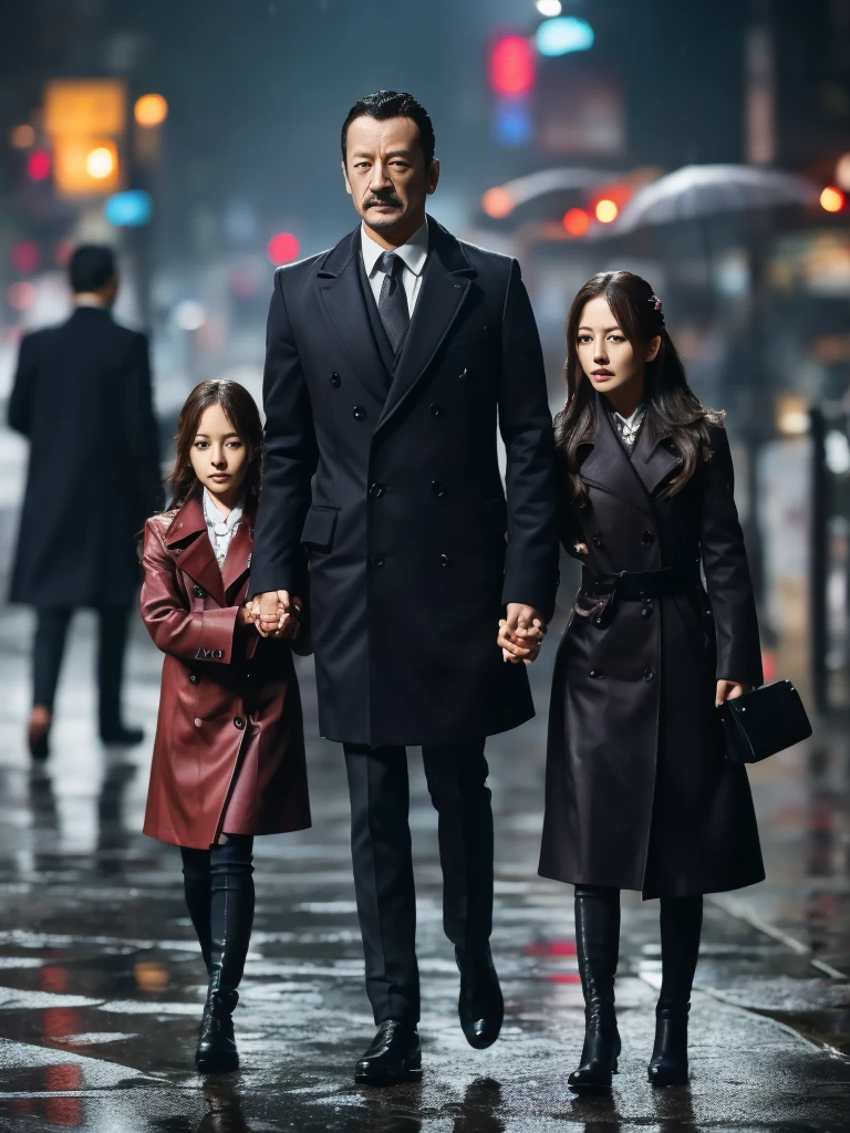 50 years old，Hidetoshi Nakata ，（Kogoro Mouri 1.3), man clasped hand with  daughter (beautiful girl), tong, mustache, little beard, one man and one girl only, sad moment, heartbroken, crying, walking on rain, rain background, meet again, farewell, cinematic picture, photograph, super details, wallpaper picture, fantastic, masterpiece, 4k hd, 8k hd