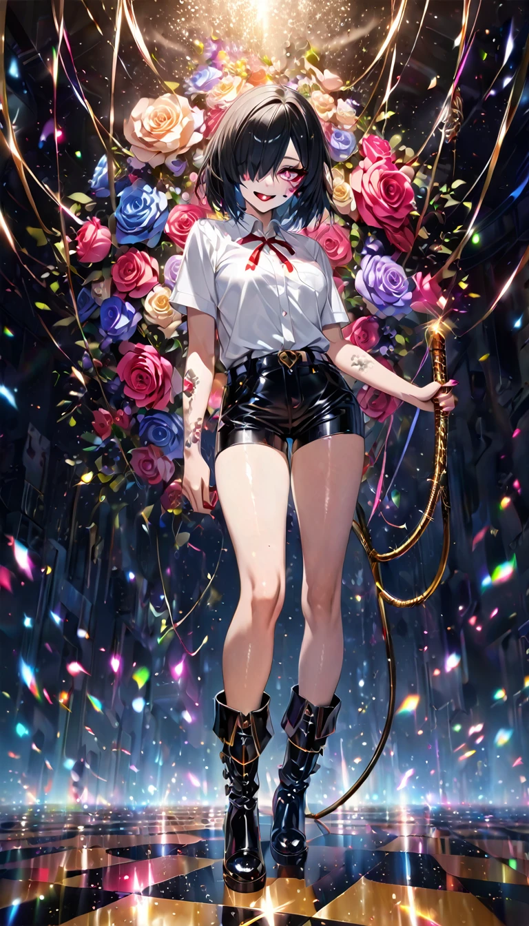 beautiful woman, yandere, hair over one eye, amorous and lewd face, sly, smirking, loud laughter, sadistic, dead eyes, bags under the eyes, makeup, covered in tattoos, shorts, heavy engineer boots, great proportion, gold thread, shiny black rubber, whip, background obscene space, shading effects, gradation magic effects, foggy filter effects, glitter effects, (ultra detailed, absolutely resolution, best quality:1.3), 2.5D, delicate and dynamic, artistic photography, hyper realistic, graphic CG digital art