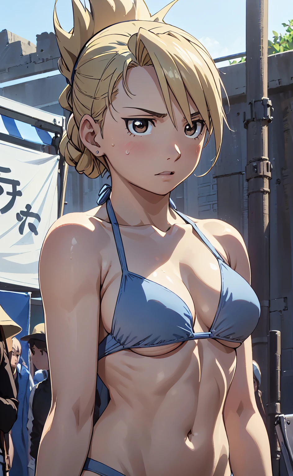 masterpiece, Highest quality, High resolution, One Girl, Hamriz, ponytail, Brown eyes,big , Micro Bikini、Beach,Outdoor、Upper body close-up、Muscular body、blush、Sweat、Composition from the front、anime、(((Light blue bikini、Stand in front、audience、Look forward)))