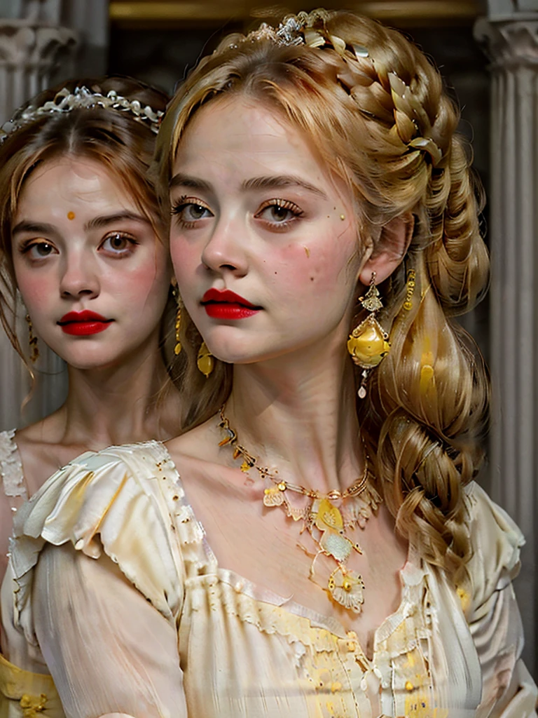 (best quality, 10k high res, masterpiece:1.2), ultra-detailed, (photo-realistic:1.37), ((best quality)), ((masterpiece)), (detailed), ((Jenna Coleman as a refined aristocratic lady from the Elizabethan era standing in a grand stately hall in brilliant sunshine)), ((enigmatic smile)), perfect eyes, ((beautiful high gloss shiny oiled skin)), ((Spectacular lemon-yellow satin and white lace Elizabethan gown)), ((Elizabethan era hair and make-up)), ((blushed red cheeks)), ((light red lips)), ((full-length body)), side view, Elizabethan era hairstyle and make-up,big breasts, very long eyelashes 