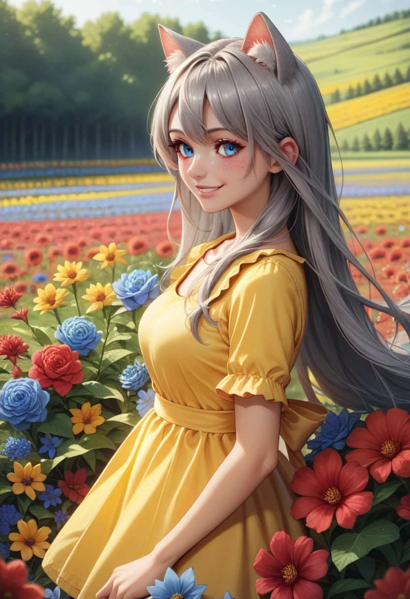 score_9, score_8_superior, score_7_superior, score_6_superior, detailed, Gray Hair, Long Hair, ribbon, Outdoor, Cat ears, blue eyes, yellow sundress, Flowers, colorful Flowers, red Flowers, blue Flowers, Field, From the side, Recall, smile, blush